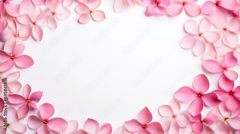 Round pink pale flowers composition with petals on white desktop background, flat lay, top view. Creative floral layout or greeting card for Mothers day, wedding , happy event or birthday.