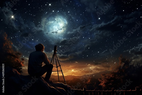 Print op canvas In this professional photo, an astronomer is depicted conducting field research in awe-inspiring natural landscapes