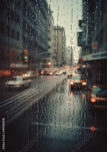 raindrops on window , view of the city in the morning photo