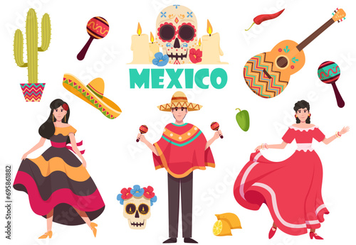 Set of mexico elements, skeleton characters, animals in flat hand drawn style. Mexican symbols, icons and illustrations.