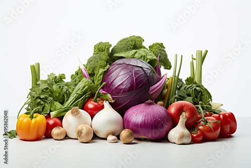 Close up of colourful vegetables on white worktop in kitchen photo
