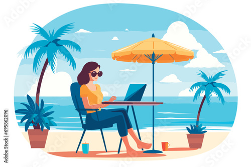 business woman work on the beach work life balance concept vector illustration
