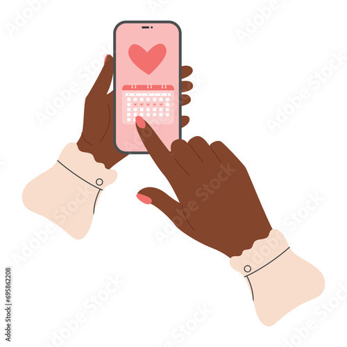 African american black female hand  holds phone with a menstrual calendar app. Period ovulation days tracker. Check menses.