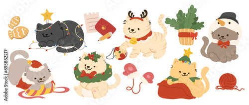 Merry christmas and happy new year concept background vector. Collection drawing of cute cats with decorative scarf, ribbon, hat. Design suitable for banner, invitation, card, greeting, banner, cover.