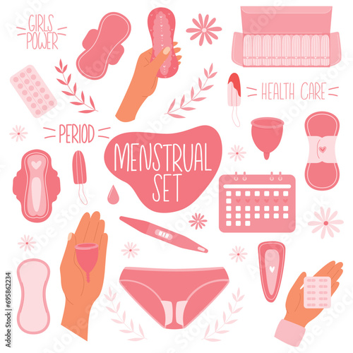 Menstrual set with feminine hygiene products. Menstrual cycle. Period. Zero waste objects.