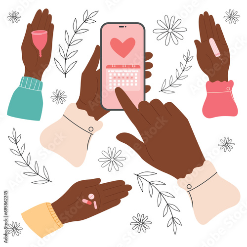 Set with female african american black hands holding pills, tampons, pnone with menstrual period tracker. Vector