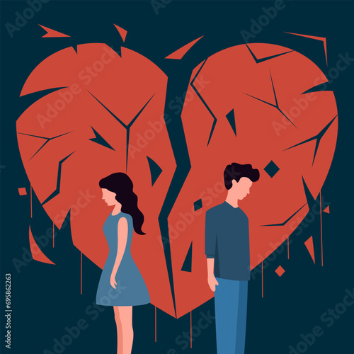 Sad man and woman with red broken heart in flat design vector.