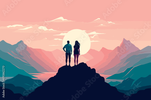 couple stand on cliff on mountain view vector illustration