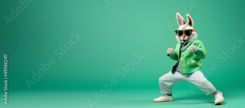 A cool bunny dancing for the upcoming easter sales event, green poster background with copy space