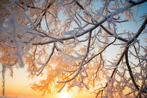 frost-covered tree branches against orange sunrise