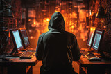 An unknown hacker, wearing a hoodie against a background of computer symbols. Cyber ​​attack, hacking attempt, computer security violation, leak of confidential information, cyber crime concept.