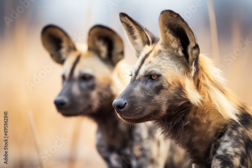 close-up of wild dog pair with intense, concentrated stares