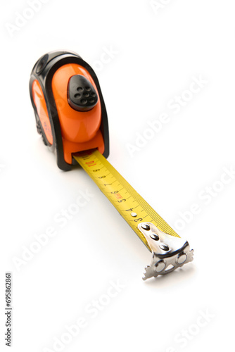 Yellow tape measure on white background