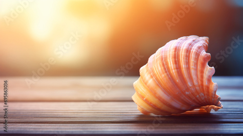 Seashell on blurred background on wooden surface