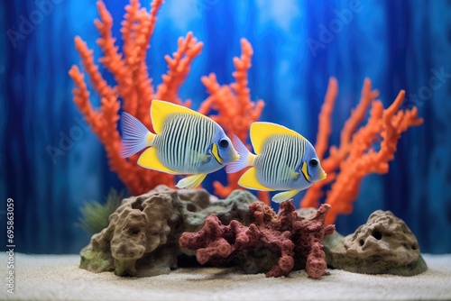 angelfish duo near a coral reef model in a tank