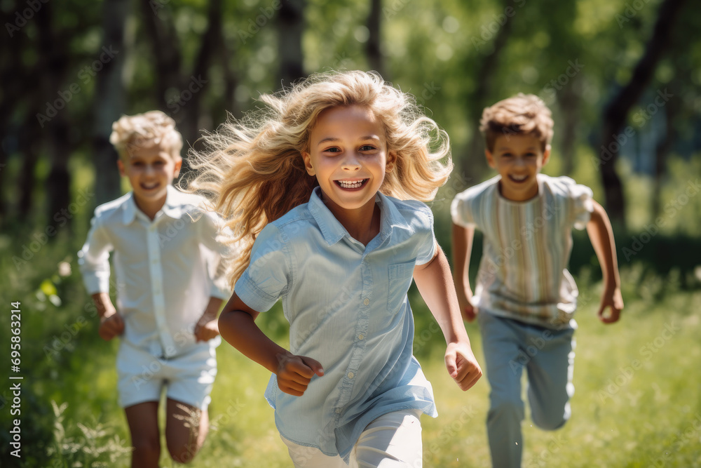 a group of children running on a grass meadow