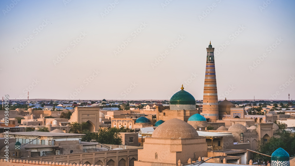 Panoramic view of the old ancient city of Fort Khiva in Khorezm, mosque and mausoleum in the city