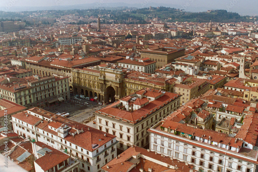 Florence Italy.  Grainy film photo view towards the historic city center.  Shot January 1994.