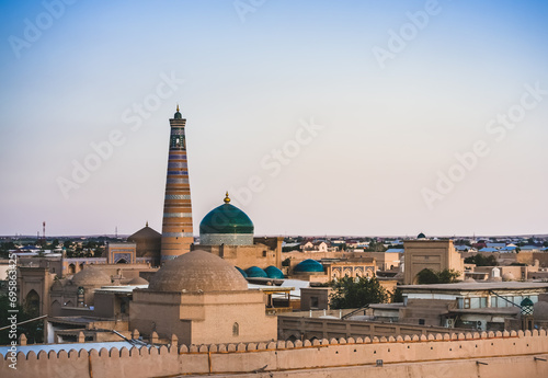 Panoramic view of the old ancient city of Fort Khiva in Khorezm, mosque and mausoleum in the city photo