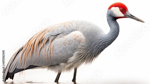 Sandhill crane bird - Grus canadensis - close-up standing profile view showing orange eye, red head cap, great grey feather detail isolated cutout on white background