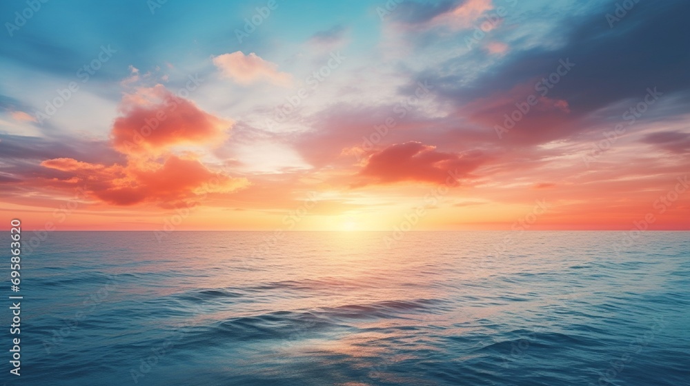 Scenic view of endless ocean with horizon line under bright sunset sky in evening time.