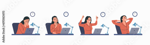 Young woman sit at desk from computer. Vector flat style cartoon