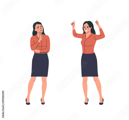 Young woman with question mark in think bubble and  finding new idea. Shiny light bulb. Flat style cartoon vector illustration.