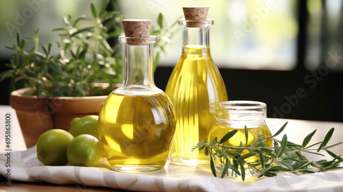 Vegetable oil in glass transparent bottles. Organic olive oil on a white wooden table.