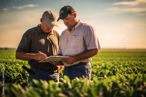 In this authentic and candid photo, an agricultural technician is seen actively collaborating with farmers in the field. Together, they work towards sustainable farming practices photo