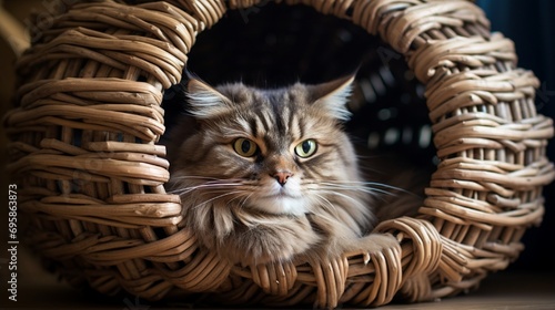 Scottish folded cat lying in the rattan bed tunnel.