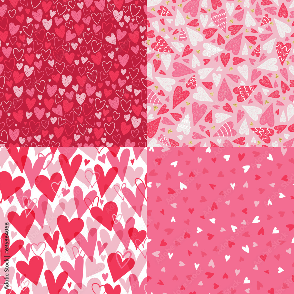 Set of matching hand drawn hearts seamless pattern, great for Valentine's Day, Weddings, Mother's Day - textiles, banners, wallpapers, backgrounds. - obrazy, fototapety, plakaty 