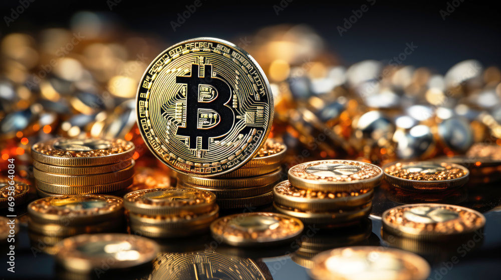 Bitcoin Crypto currency, Gold Bitcoin, BTC, close up. Bitcoin coins on black background. Blockchain technology, bitcoin mining concept. Bitcoin Crypto currency, Gold Bitcoin, BTC, close up. Bitcoin coins on black background. Blockchain technology, bitcoin mining concept.