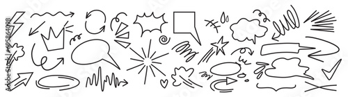 Charcoal pen liner doodle elements, crown, emphasis arrow, speech bubble, scribble. Handdrawn cute cartoon pencil sketches of decorative icons. Vector illustration