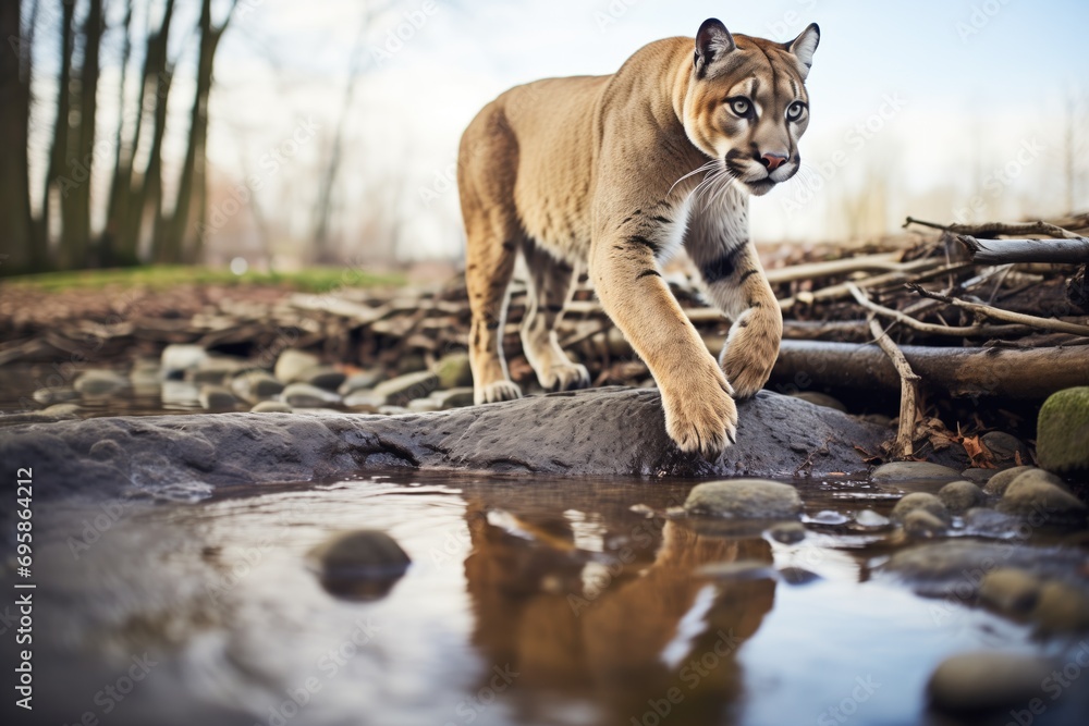 stealthy cougar approaching a creek stealthy cougar approaching a creek