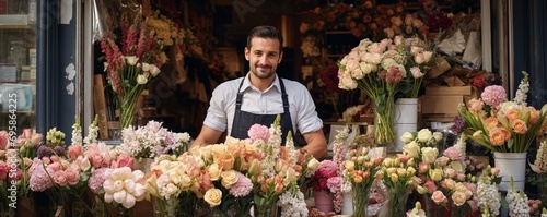 un homme fleuriste prend la pose devant sa boutique de fleurs photo