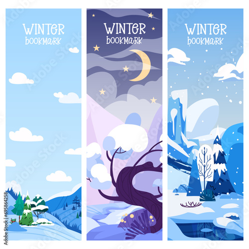 Winter Mountain landscapes vertical banner or bookmark set vector with snowy pastoral nature scenery illustration. Seasonal template