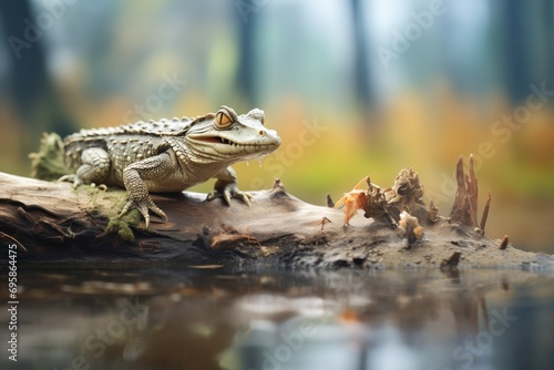 crocodile stealthily approaching a frog on a bank photo