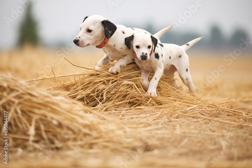Slika na platnu dalmatian puppies romping near haystacks