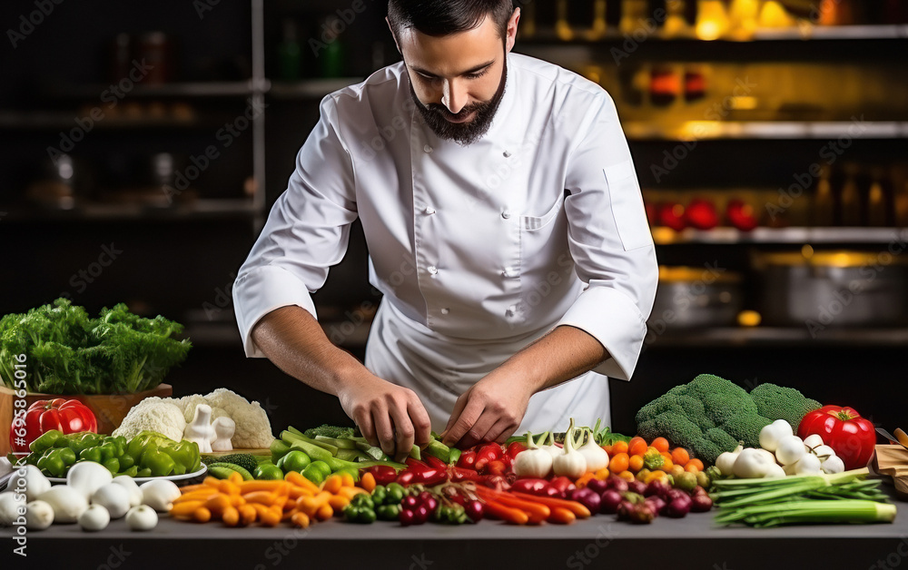 A male chef in uniform, selecting vegetable at kitchen A male chef in uniform, selecting vegetable at kitchen
