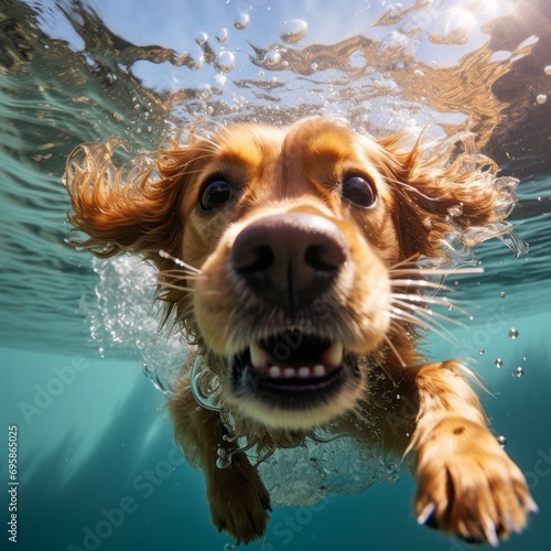 Cocker Spaniel swimming underwater in the pool with a happy expression.