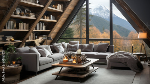 Scandinavian interior design of a modern living room in the attic of a villa overlooking the snowy mountains. 