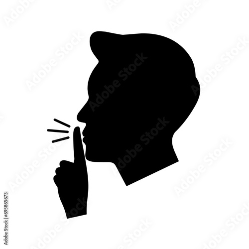 Please be quiet and calm. Shhh gesture icon with man's black face and hands. Finger covering mouth on white background. Vector silhouette. photo