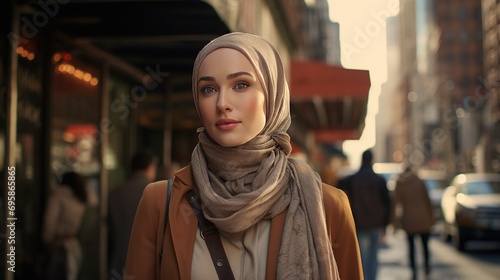 A lifelike representation of a hijab-wearing woman in a contemporary urban environment, emphasizing realism and cultural diversity