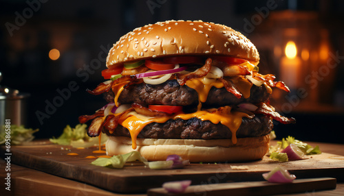 Recreation of a big double burger with vegetables and cheese	 photo
