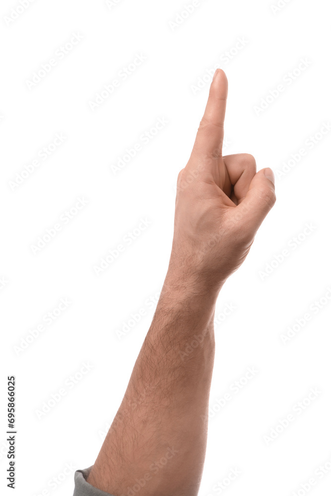 Man pointing with index finger on white background, closeup Man pointing with index finger on white background, closeup