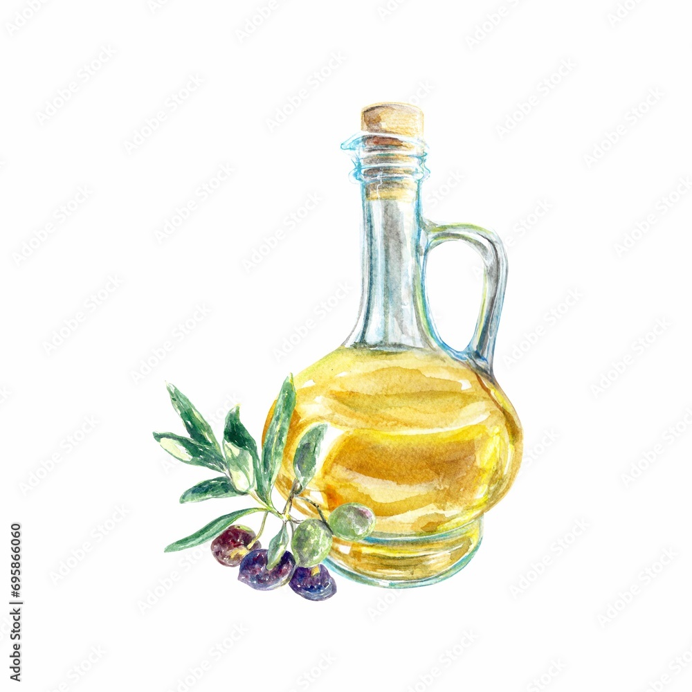 Olive oil in a glass bottle, olive branch. Watercolor illustration isolated on white background. Labels, packaging, covers, menu, cosmetic products. Olive oil in a glass bottle, olive branch. Watercolor illustration isolated on white background. Labels, packaging, covers, menu, cosmetic products.