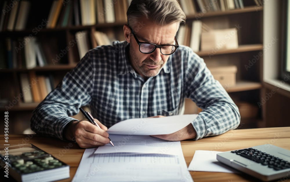 Small business owner calculating bills and checking accounts Small business owner calculating bills and checking accounts