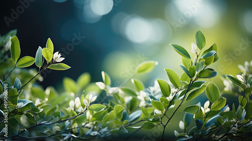 Spring or summer defocused background frame with lush foliage and bokeh in nature. Nature background. Copy space. 