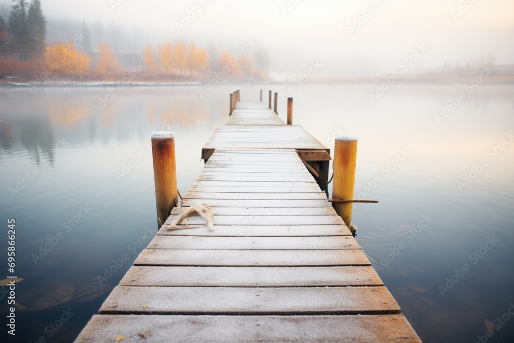a weathered wooden dock jutting into a frosted lake