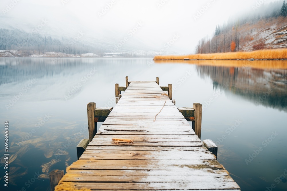 a weathered wooden dock jutting into a frosted lake